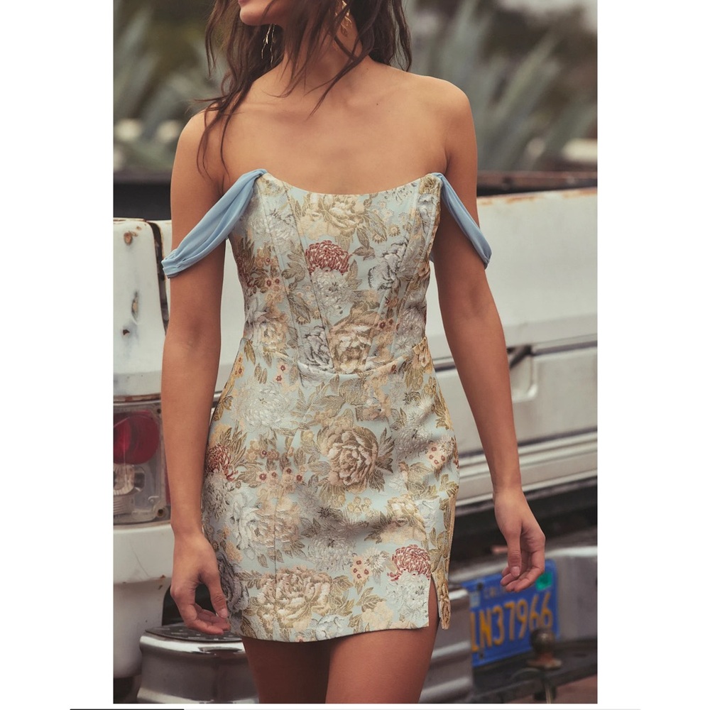 Lulus Captivating Personality Light Blue Floral Jacquard Bustier Mini Dress NWT - Picture 5 of 15